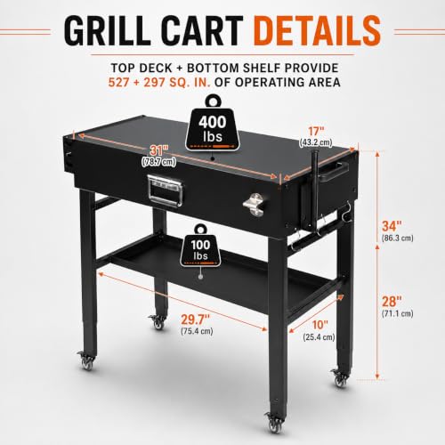 Image of Foldable Grill Cart for Blackstone 17 /22, Ninja Woodfire OG700, Ooni Pizza Oven - Portable Grill Table with Wheels, Dual-Shelf BBQ Prep Station with Caddy & Hooks, Compact Camping Griddle Stand