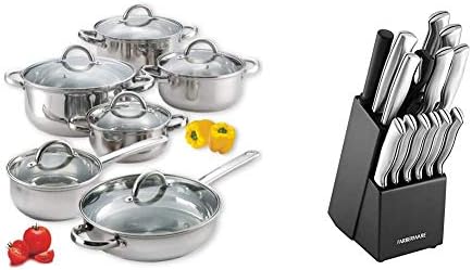 Cook N Home 12-Piece Stainless Steel Cookware Set, Silver & Farberware Stamped 15-Piece High-Carbon Stainless Steel Knife Block Set, Steak Knives, Black