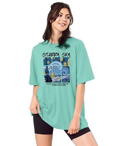 Image of SHODOX Women's Cotton Blend Oversized Drop Shoulder Printed T-Shirt | Soft, Breathable & Light Weight | Loose Fit Stylish Top for Girls with Premium Graphic Print