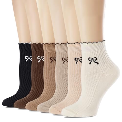Women's Cotton Ankle Socks,Casual Knit,Ruffle Edge,Cute Fashion Embroidery Bow Pattern, Dress Socks for Girls 6 Pack(Size 5-9)