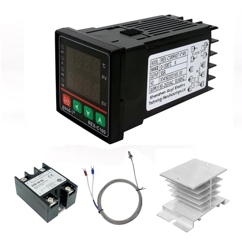 PID Temperature Controller, Digital Display REX-C100 Temperature Controllers Box with Solid State Relay SSR 40DA and K Thermocouple Probe, Universal 100-240V (PID+40DA SSR+Heat Sink+K Sensor)
