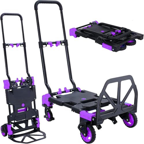 Image of 2 in 1 Folding Hand Truck, 330lbs Aluminum Portable Dolly Cart, Purple | Converts to 2 & 4 Wheel Platform Truck, 5 inch Solid Rubber Wheels, 3-Level Retractable Handle for Moving, Travel, Office