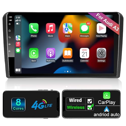 Autoradio mit Navi Bildschirm Wireless Carplay Wireless Android Auto für Audi A3 S3 RS3 2003-2012,9 Zoll Android 8 Core Auto Radio Touch Display mit Bluetooth RDS AM FM GPS WiFi