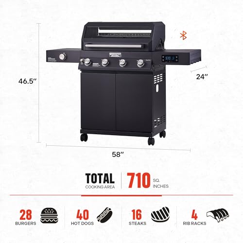 Image of Monument Grills Denali Series, 4+1 Liquid Propane Gas Smart BBQ Grill, 4 Burners & 1 Side Burner Denali 425 with Smart Technology and Knob Controls, Black