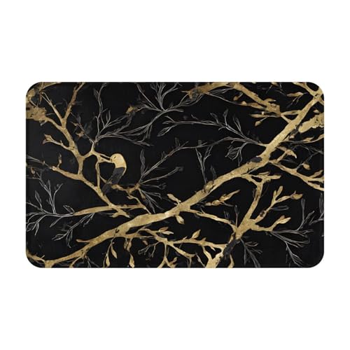 Black and Gold Marble Bird Print Living Room Bathroom Kitchen Anti Slip and Absorbent Carpet, Indoor Entrance Door Muddy Floor Mat, Ultra Soft Washable Carpet 21x31.5 Inches