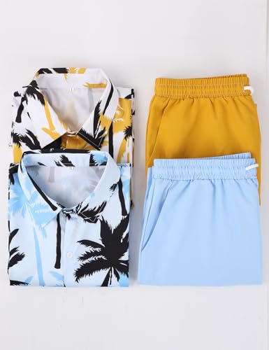 Image of Yimoon Men's Summer 2 Piece Outfits Tropical Print Short Sleeve Button Down Hawaiian Beach Shirt and Shorts Set