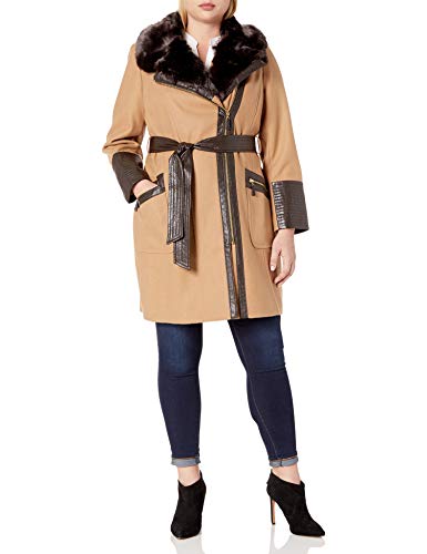 Via Spiga Women's Plus-Size Kate Mid-Length Belted Wool Assymetric Zip Front Coat with Faux Fur Collar, Camel, 16W