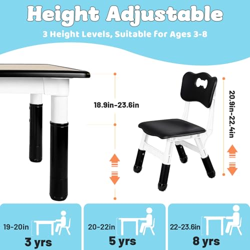 Image of FUNLIO Kids Table and 4 Chairs Set, Height Adjustable Toddler Table and Chair Set for Ages 3-8, Easy to Wipe Arts & Crafts Table, for Classrooms /Daycares /Homes, CPC & CE Approved (5-Piece Set) - Black