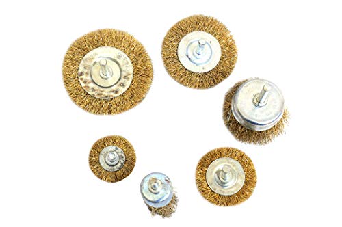 Image of Jon Bhandari Tools 6pc Steel Wire Brush Set with Brass Coating & Spindle - Drill Attachment Wire Brushes for Rust, Paint & Corrosion Removal - Rotary Tool Brush Kit for Metal Surface Cleaning