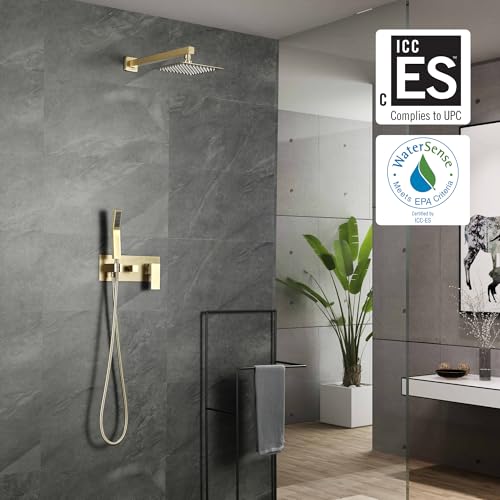 Sistema de ducha de lluvia SUMERAIN en acabado dorado cepillado con ducha de mano y válvula mezcladora equilibrada por presión | Válvula mezcladora antiscald para ducha, cabeza de ducha de lluvia de 8 pulgadas, válvula de empotrar de latón miniatura 2