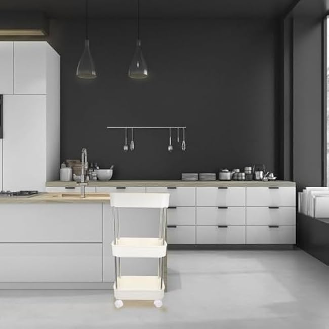 Slim Rolling Kitchen Trolley ¨C Multi-Layer Mobile Storage Cart with Wheels, Plastic Utility Rack for Fruits, Kitchen & Office Use(Color:White)-i1Ug0pKI