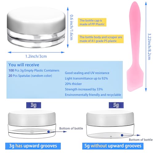 MotBach 100 Pcs 3g Empty Plastic Containers with White Lids,Tiny Makeup Sample Containers, Small Pot Jars Clear Round Cosmetic Jars with 20 Pcs Mini Spatulas for Liquid Sample Powder Creams2