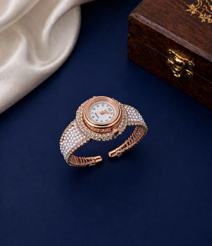 Women's Pearl Bangle Bracelet Watch, Rose Gold, Crystal Embellish...