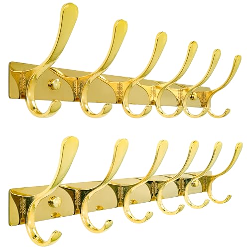 SKOLOO Coat Rack Wall Mounted - 6 Hooks, Pack of 2, Heavy Duty, Stainless Steel, Metal Wall Hangers, Sturdy Coat Hooks for Hanging Coats, Jacket, Clothes, Hat, Bright Gold