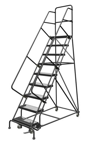 Image of Tri-Arc KDSR109242 9-Step Steel Rolling Industrial and Warehouse Ladder with Handrails and 24 inch Wide Grip-Strut Tread