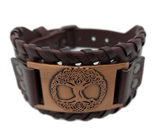 Pulsera vikinga Yggdrasil con árbol del mundo y árbol de la vida de cuero y metal marrón cobre Cover