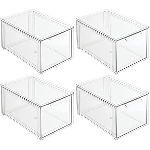 mDesign Plastic Stackable Bathroom Storage with Pull Out Bin Organizer Drawer for Cabinet, Vanity, Shelf, Cupboard, Cabinet, or Closet Organization - Lumiere Collection - 4 Pack - Clear
