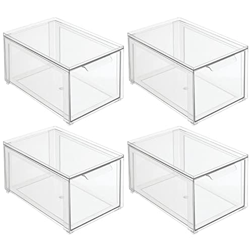 mDesign Plastic Stackable Bathroom Storage with Pull Out Bin Organizer Drawer for Cabinet, Vanity, Shelf, Cupboard, Cabinet, or Closet Organization - Lumiere Collection - 4 Pack - Clear