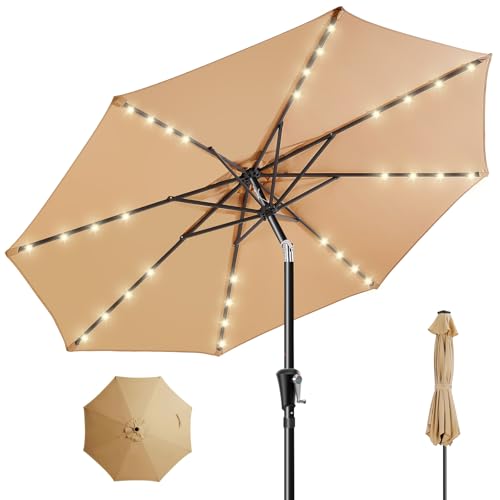 HOMSHADE 9ft Solar Patio Umbrella - Solar Lights LED Lighted Outdoor Market Table Umbrella, UPF50+ UV Protection with Push Button Tilt, Crank for Pool Deck and Garden (Beige)