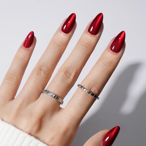 Modelones Red Cat Eye Press on Nails Almond, Fall Halloween Short Fake Nails, Reusable Nail Kit with Nail Glue Adhesive Tabs Mini Nail File, Nails Press Ons 32Pcs 16 Sizes, Women Girl Gift