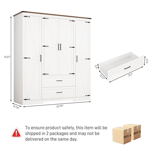 4-Doors-Wardrobe-Armoire-Closet-with-Doors-and-Drawers-Farmhouse-Wooden-Armoire-Storage-Cabinet-with-Shelves-Hanging-Rod-for-Bedroom-White 4 Doors Wardrobe Armoire Closet with Doors and Drawers Farmhouse Wooden Armoire Storage Cabinet with Shelves Hanging Rod for Bedroom White