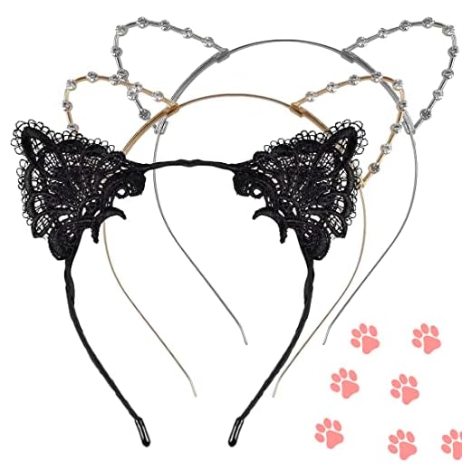 3 Piezas Diadema Orejas de Gato, FUKPO Orejas Gato Negro Encaje Mujer Niña Bandas de Pelo, Diademas Metal Dorada Plateada Diamante Cristal Orejas de Gato Cosplay para Fiestas Halloween