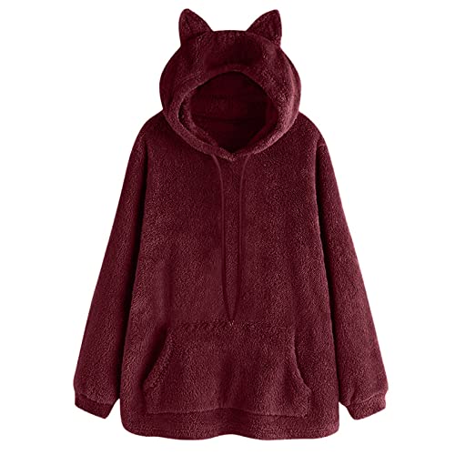 ZJRXM Women s Sherpa Pullover Fuzzy Fleece Sweatshirt Cute Ear Long Sleeve Causal Hoodie Top Solid Color Baggy Fall Tops Wine