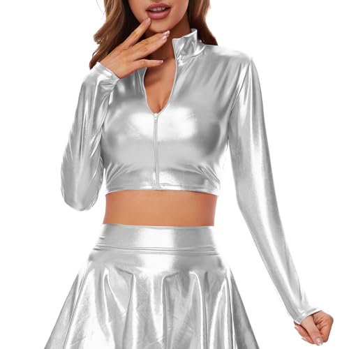Kepblom Women's Metallic Crop Top Long Sleeve Mock Neck Turtleneck Holographic Zip Up Blouses