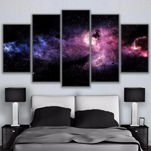 Toile univers spatial galaxie : grand tableau déco murale salon 5 parties avec cadre CUAWBAPF