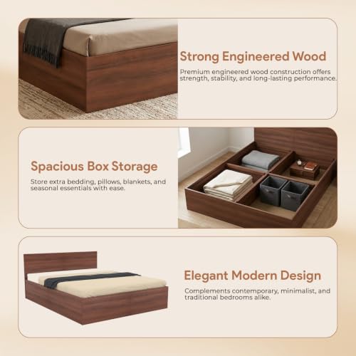 Image of FURNIFLIX Queen Size Engineered Wood Bed with Box Storage - Walnut Finish