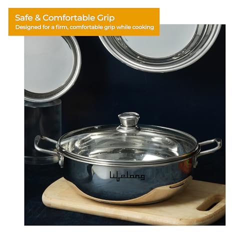 Lifelong 4 piece Stainless Steel cookware Set | 22 cm Kadai & Fry Pan 22 cm with Glass Lid | 14 cm Sauce Pan | Sandwich Bottom | Induction & Gas... - Image 3