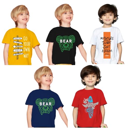 Image of Yazh Texworld Boys Round Neck Blended Cotton T-Shirts | Regular Fit | Half Sleeve | Casual Wear | Trendy | Combo Pack of 5 | Multicolor | Soft, Durable, and Stylish for Everyday use