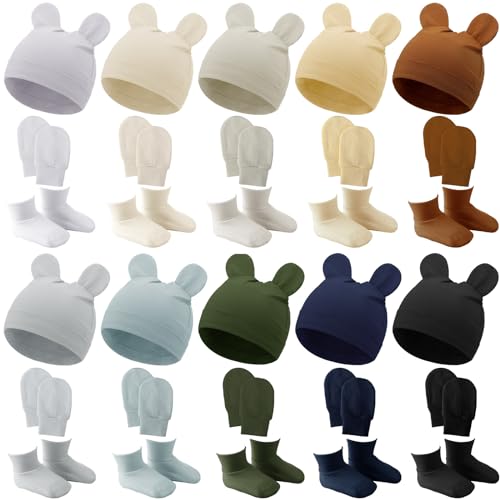 Image of Toulite 10 Set Newborn Baby Socks Hat and Mittens Soft Ankle Sock Newborn Beanie Mitten for Boys Girls Infant