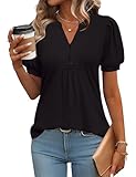 IECCP Womens Tops Dressy Casual Blouses Business Casual 2025 Summer Puff Short Sleeve Shirts Pleated Cute V Neck Pleated Tunic Top (Black,XL)