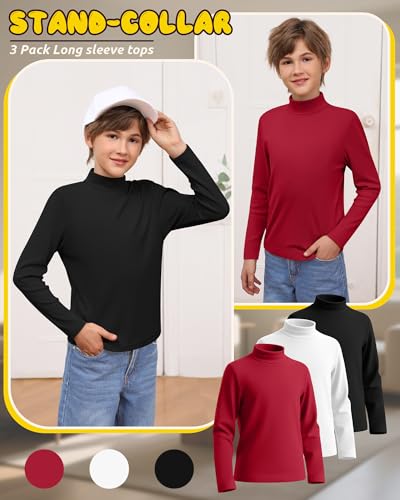 3 Pack Boys Mock Turtlrneck Long Sleeve Shirts Loose Fit Mock Neck Soft Tops Kids Solid Casual Warm Shirts3