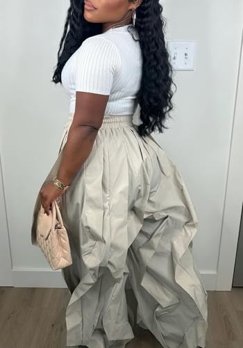 Image of Lucuna Women Balloon Pants Ruffle Fringe Drawstring High Waist Wide Leg Baggy Joggers Parachute Pants
