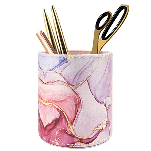 Image of Pen Holder for Women Girls, Pencil Cup Pink Desk Decor, Makeup Brush Holder Large Pu Leather Multi-Functional Organizer Cup for Office, Classroom, Home, Colorful Marble
