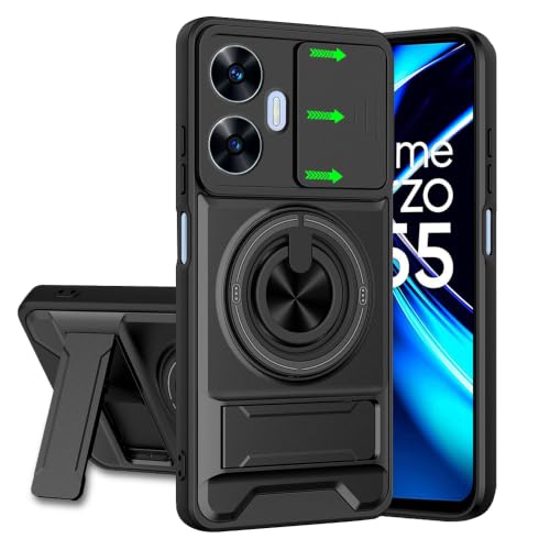 Image of Realme Narzo N55 / C55 Back Cover | Armor Camera Slider 360 Degree Rotating Finger Ring Holder Case with Bracket Stand Back Case Cover (Compatible with MagSafe Accessories) (Black)