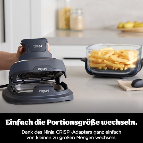 Ninja CRISPi tragbare Air fryer Heißluftfritteuse, 3,8 l, 4-in-1: Heißluftfrittieren, Braten, Warmhalten, Recrisp, kompakt, 6 Portionen, 2x herausnehmbare Glasbehälter & Deckel, 1700W, Grau FN101EUGY