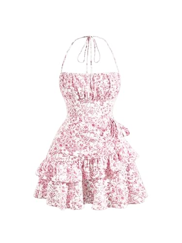 Image of Floerns Women's Floral Halter Ruffle Tiered Cute Summer Mini Dress Milkmaid Vacation Sundress