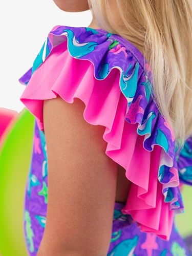 Image of RuffleButts Girls UPF50+ Sun Protection Ruffle V-Back One Piece Swimsuit