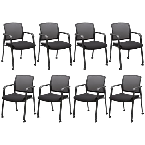 Image of CLATINA Rolling Conference Room Chairs Set of 8, Stackable Office Guest Reception Chair with Armrests and Wheels, Mesh Back Waiting Room Stools for Office, School, Lobby, Church, Black