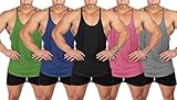 Muhshoiy 5 Pack Mens Stringer Bodybuilding Tank Tops Low Cut Off Y Back Gym Workout Training Stretch Polyester Quick Drying Muscle Shirt -Black-Grey-Blue-Green-Pink-L