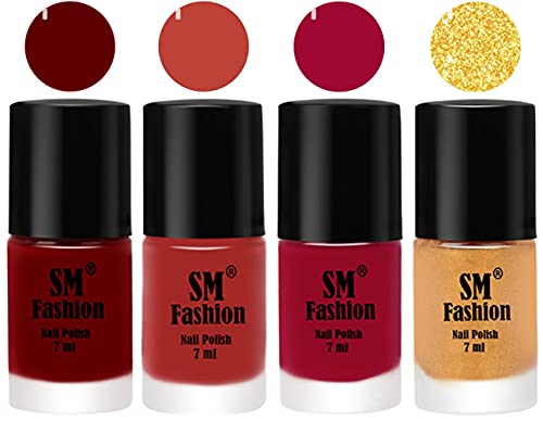 Image of Nail Polish Combo Set (Pack of 4) Quick Dry Gel Finish Nail Paint | Dark Red,Dark Nude,Pure Wine,Light Golden | 7 ml Each
