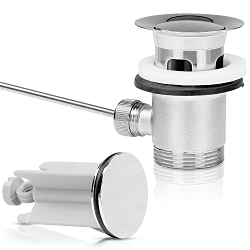 SANTRAS® Desagüe excéntrico Premium para lavabo con protección contra rebosadero en cromo, conjunto completo con tapón de desagüe en 1 ¼ para grifo con barra de tracción Cover