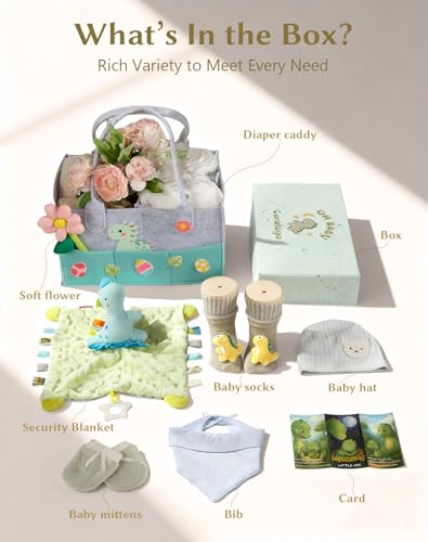Image of Baby Shower Gift Basket - Baby Gift Set with Diaper Caddy, Gifts for New Mom, Gender Reveal Gifts, New Born Essential Include Security Blanket Hat Bib Socks Mittens, Boy