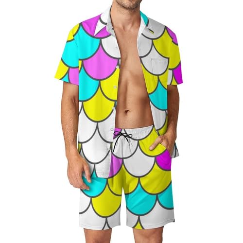 Chemise Hawaïenne Hommes Écailles Colorées Ensemble Short Pantalon Plage Été Vêtement Mer S