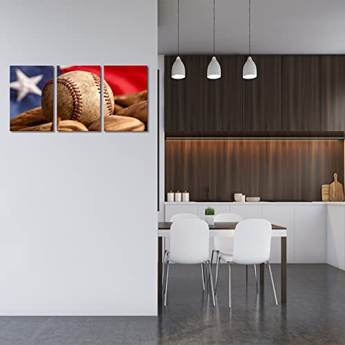 Baseball Canvas Wall Art Rugby Sports Poster Abstract Art Pictures Vintage Painting Canvas Prints Framed Ready To Hang Artwork For Kids Room Living Room Bedroom Wall Decor (12"X16"X3Pcs, Baseball) #TOP3