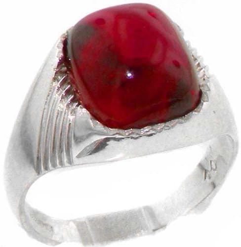 Solid 925 Sterling Silver Cabochon Created Ruby Mens Mans Signet Ring - Sizes 6 to 13 Available