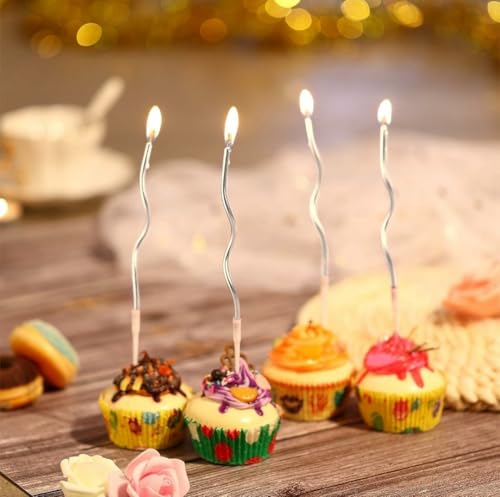 Image of Unscented Party Twisty Metallic Silver Spiral Candles - 6Pcs, Twisty Candles for Birthday, Baby Shower, Wedding Anniversary Party & Cake Decoration